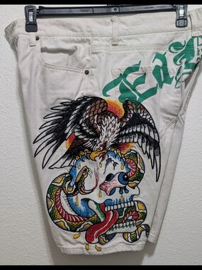 Ed Hardy Skull & Eagle White Denim Shorts with Green Script